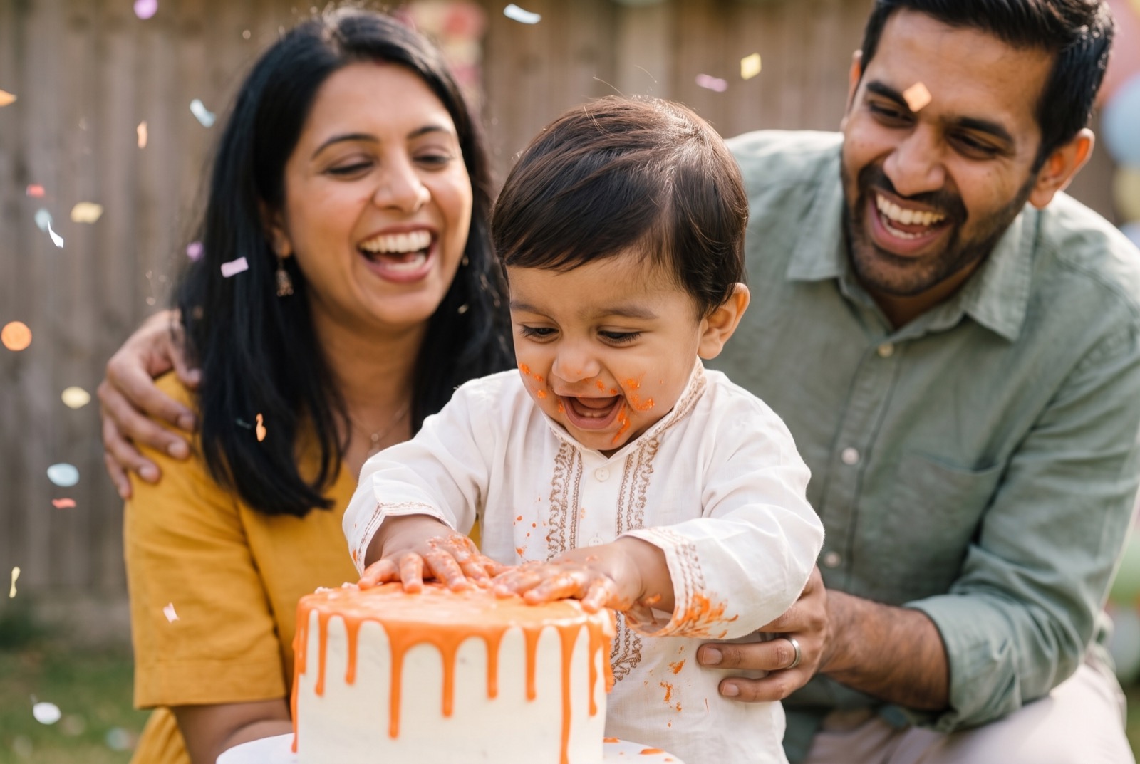 Aarav mid-smash, both hands buried in a white cake with an orange drip, frosting on his cheeks and grin, as his laughing parents lean in and confetti flies through the air.