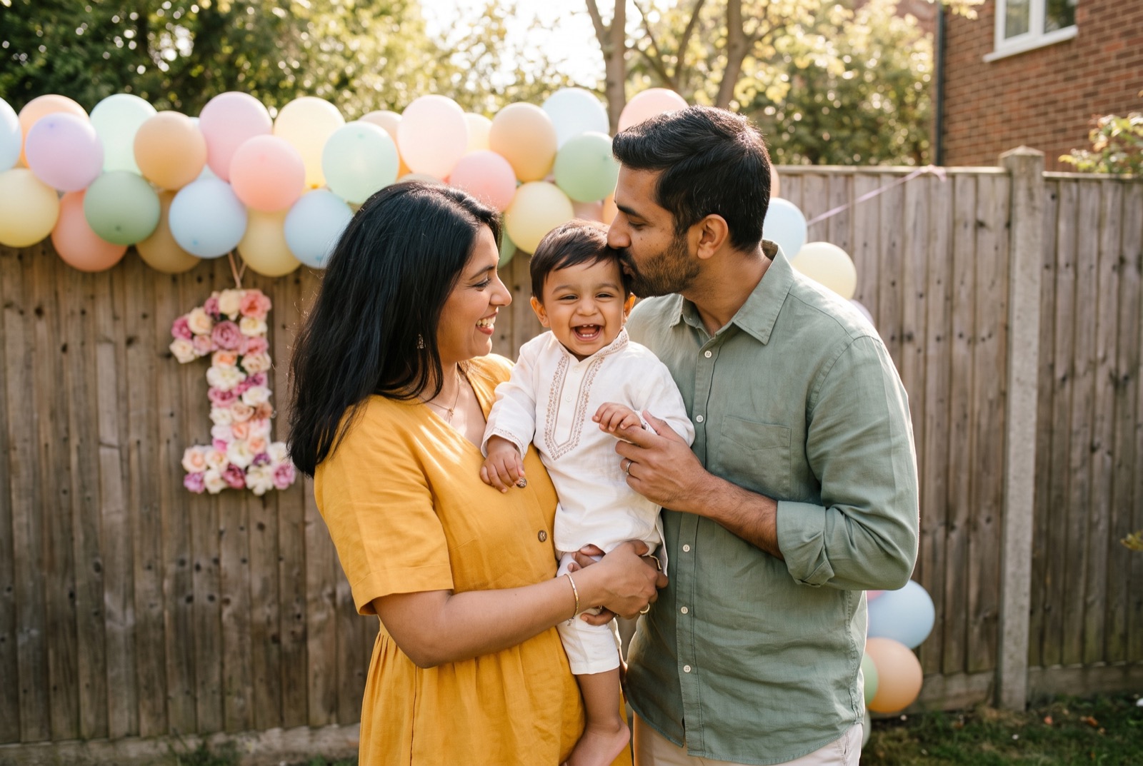Aarav, a laughing one-year-old in a tiny white kurta, held by his mother in a marigold dress while his father kisses the top of his head, in front of a garden fence strung with pastel balloons and a floral number one.